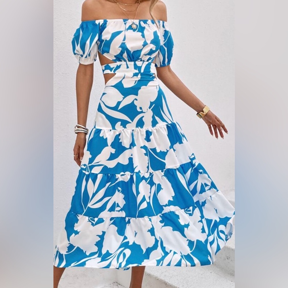 Elegant Blue Floral Spring wedding guest dress Off-Shoulder Boho maxi M NWOT - Picture 2 of 7